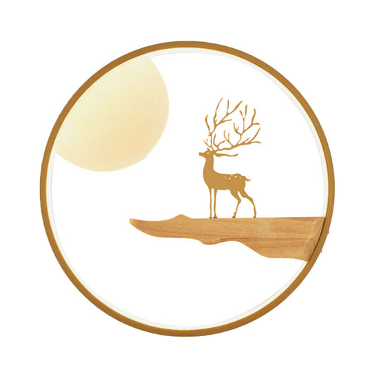 Deer And Moon Asian Led Wall Light With Wood Frame - Black/Beige