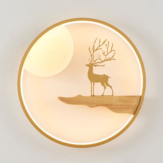 Deer And Moon Asian Led Wall Light With Wood Frame - Black/Beige