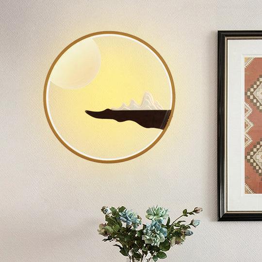 Mountain & Full Moon Wood-Black/Beige Led Sconce Light: Asian Wall Mural For Hotels