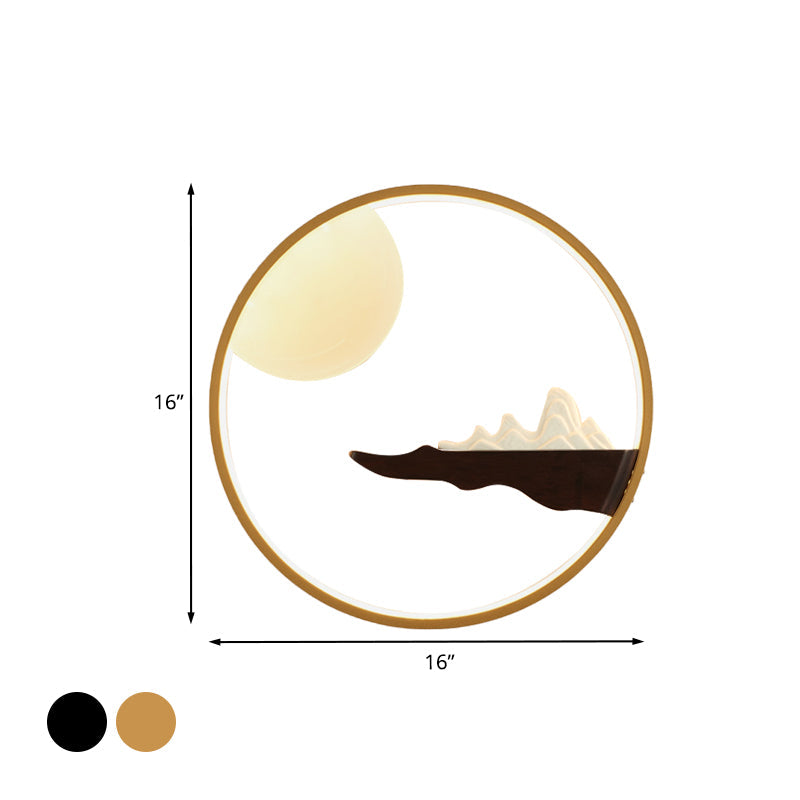 Mountain & Full Moon Wood-Black/Beige Led Sconce Light: Asian Wall Mural For Hotels