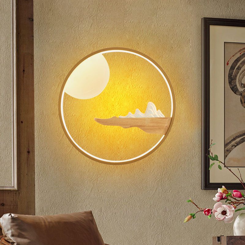 Mountain & Full Moon Wood-Black/Beige Led Sconce Light: Asian Wall Mural For Hotels