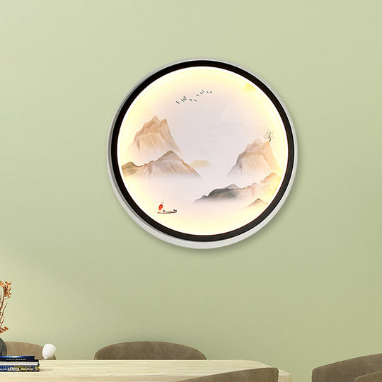 Chinese Style Led Wall Sconce - Foggy Mountains Fabric Mural Lamp