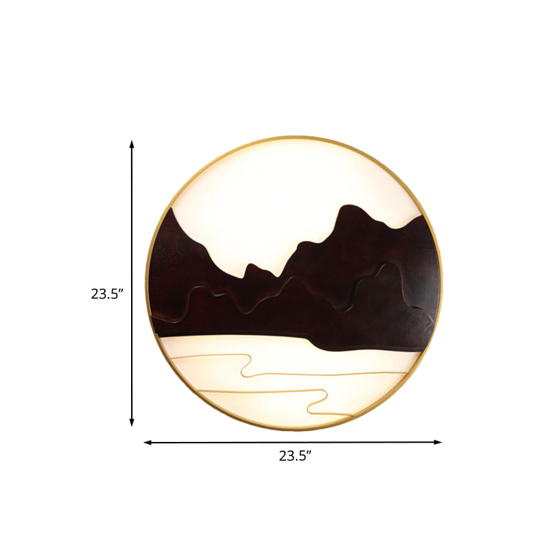 Mountain Silhouette Led Wall Mural Light: Asian-Inspired Wooden Black Sconce For Tearoom