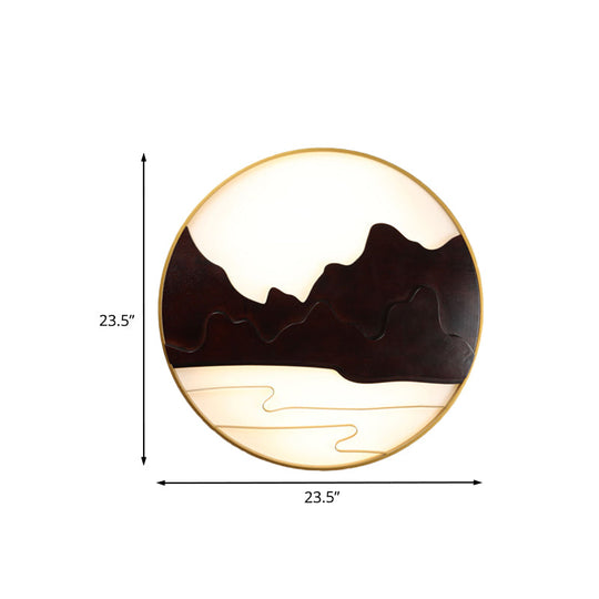 Mountain Silhouette Led Wall Mural Light: Asian-Inspired Wooden Black Sconce For Tearoom