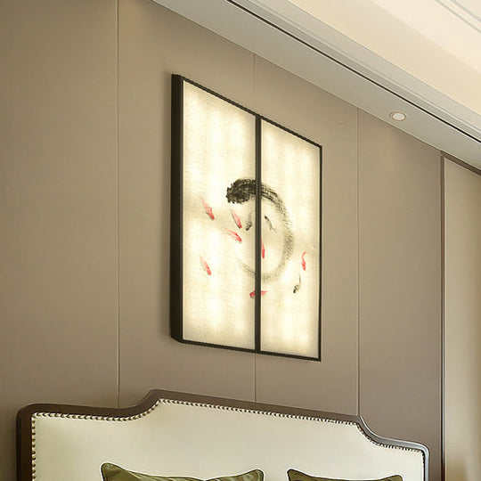Chinese Style Led Sconce Light Fixture: Carp Artwork Bedside Mural Lighting In Black