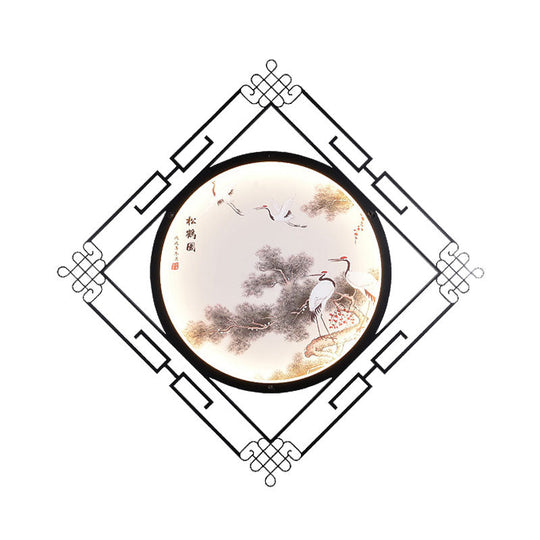 Asia Halcyon Ink Painting Mural Lamp - Led Wall Lighting Fixture In Black