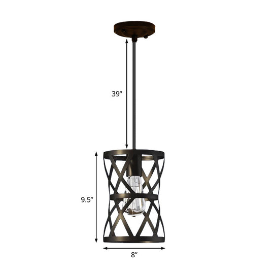 Vintage Industrial Metal Pendant Light With Stylish Black Cage Shade - Dining Room Hanging Lamp