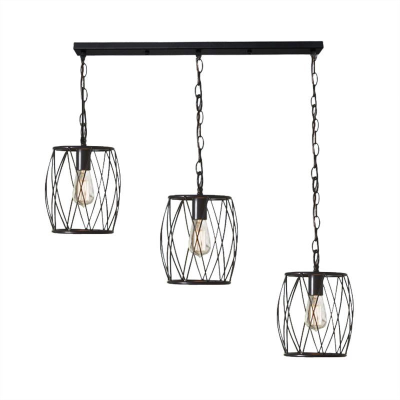 Sleek Black Metal Lantern Hanging Lamp - 3 Bulb Industrial Stylish Cage Shade Suspension Light For