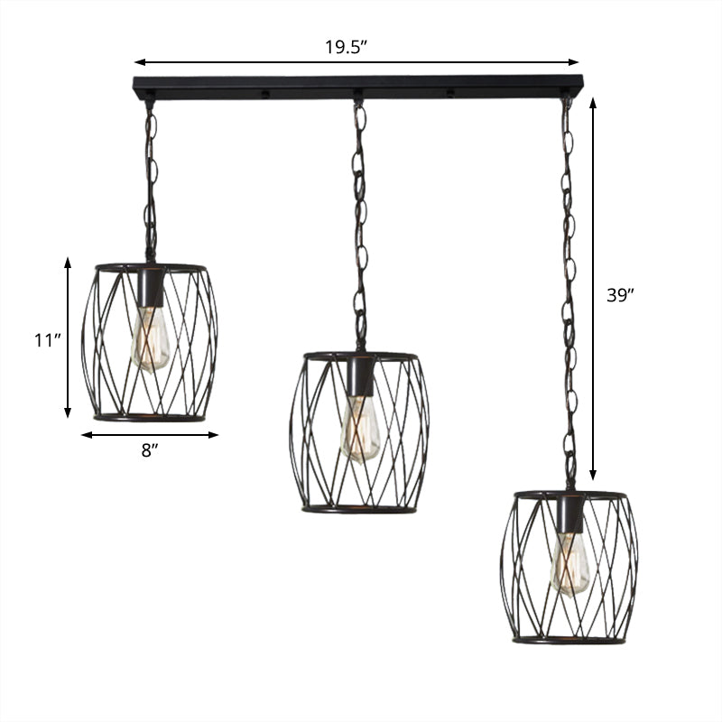Sleek Black Metal Lantern Hanging Lamp - 3 Bulb Industrial Stylish Cage Shade Suspension Light For