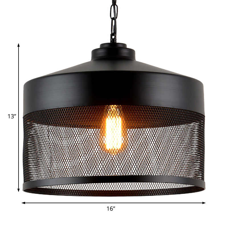 Industrial Style Metal Hanging Light With Black Mesh Drum Shade - Restaurant Pendant Fixture