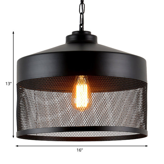 Industrial Style Metal Hanging Light With Black Mesh Drum Shade - Restaurant Pendant Fixture