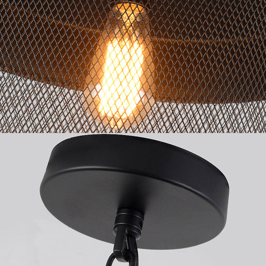 Industrial Style Metal Hanging Light With Black Mesh Drum Shade - Restaurant Pendant Fixture