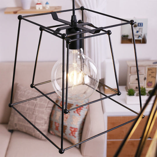 Industrial Black Metal Pendant Light With Trapezoid Cage Shade - Living Room Hanging Lamp
