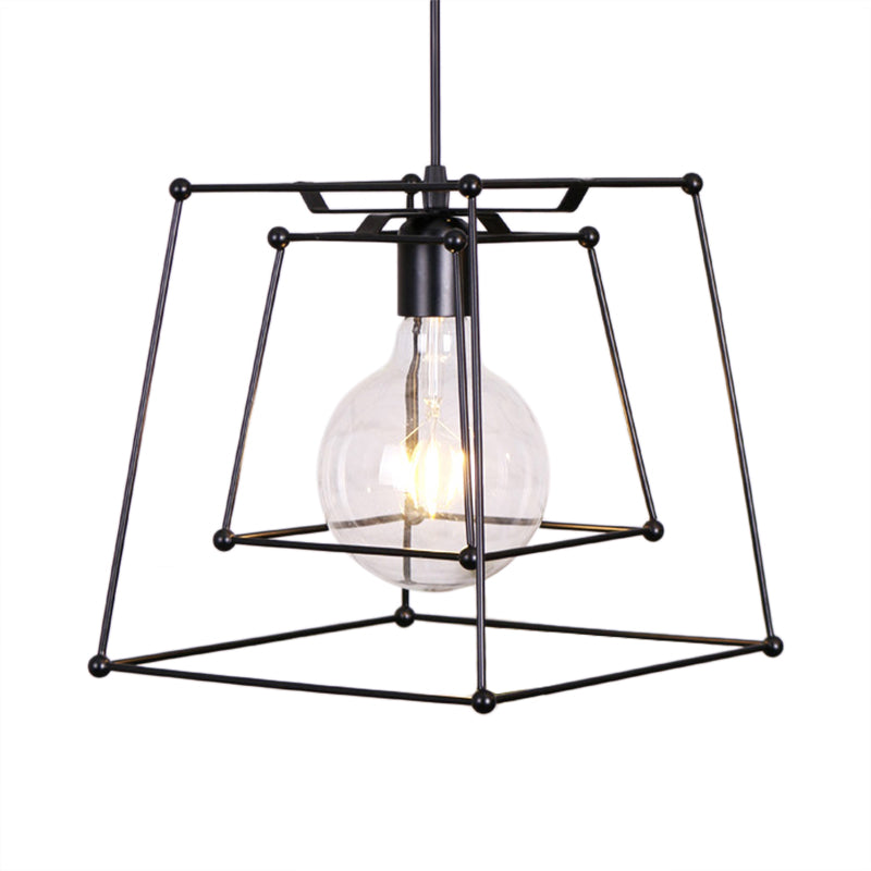 Industrial Black Metal Pendant Light With Trapezoid Cage Shade - Living Room Hanging Lamp