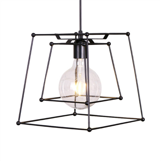 Industrial Black Metal Pendant Light With Trapezoid Cage Shade - Living Room Hanging Lamp