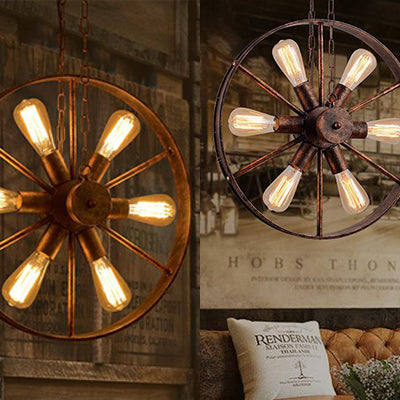 Antique Style Wrought Iron Kitchen Chandelier - 6-Light Wheel Pendant Lamp In Rust Finish
