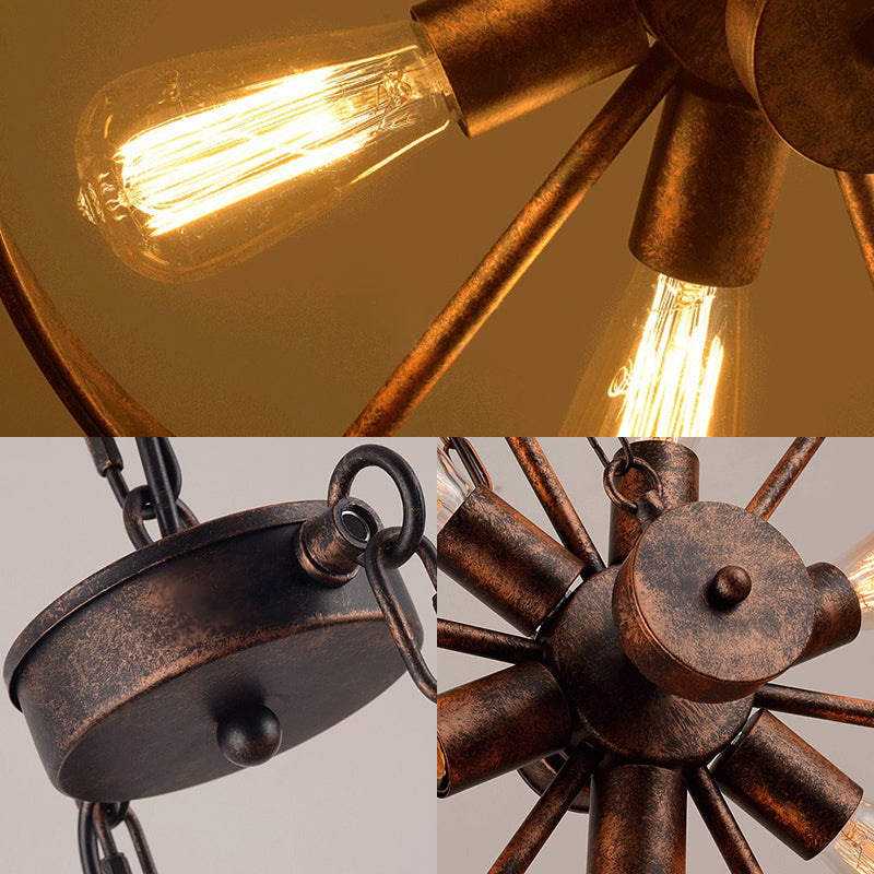 Antique Style Wrought Iron Kitchen Chandelier - 6-Light Wheel Pendant Lamp In Rust Finish
