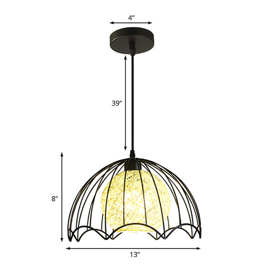 Industrial Dome Metal Hanging Lamp With Rattan Shade - 1 Light Black Ceiling Fixture For Dining Room