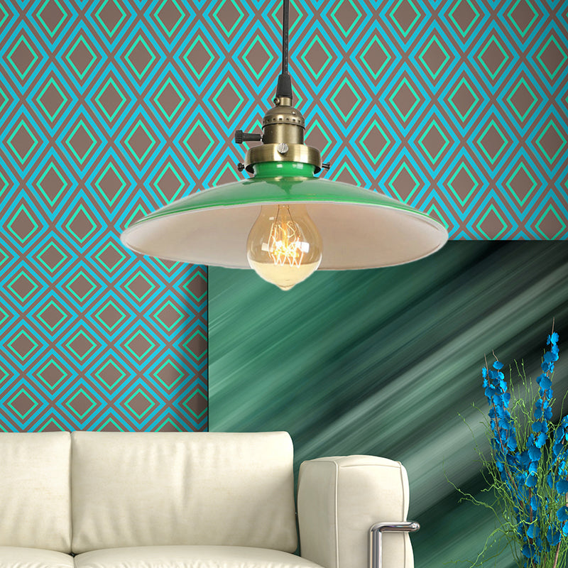 Vintage Style Green Metallic Saucer: 1 Bulb Hanging Lamp