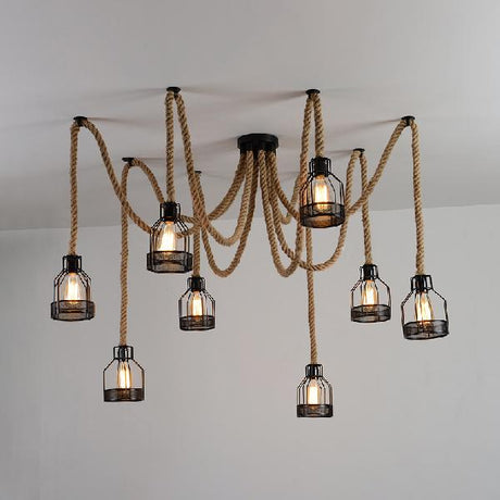 Antique Iron Wire Cage Pendant Light With Black Swag Ceiling Fixture - 8 Bulbs + Hemp Rope Ideal For