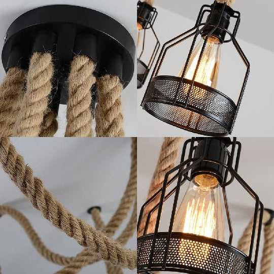 Antique Iron & Hemp Rope Swag Ceiling Fixture: Black Wire Cage Shade 8 Bulbs - Restaurant Hanging