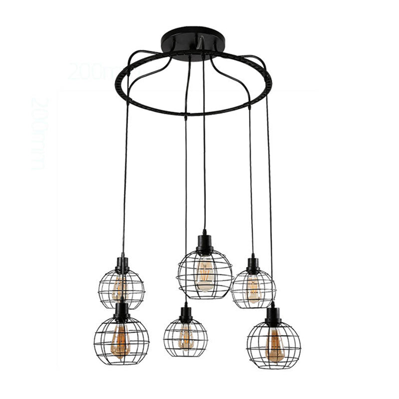 Industrial Style Global Hanging Lamp - 6-Bulb Metallic Suspended Light In Black With Wire Cage Shade