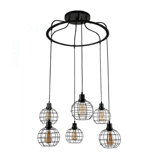 Industrial Style Global Hanging Lamp - 6-Bulb Metallic Suspended Light In Black With Wire Cage Shade