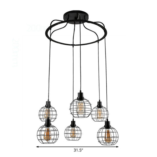 Industrial Style Global Hanging Lamp - 6-Bulb Metallic Suspended Light In Black With Wire Cage Shade