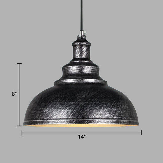 Adjustable Cord Pendant With Metal Dome Shade In Retro Black/Gray - 12’/14’/16’ W