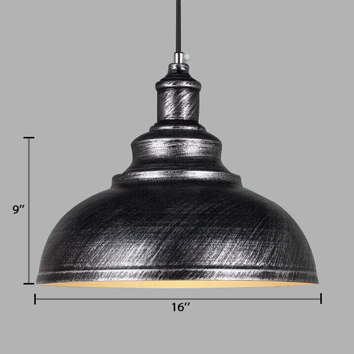 Adjustable Cord Pendant With Metal Dome Shade In Retro Black/Gray - 12’/14’/16’ W