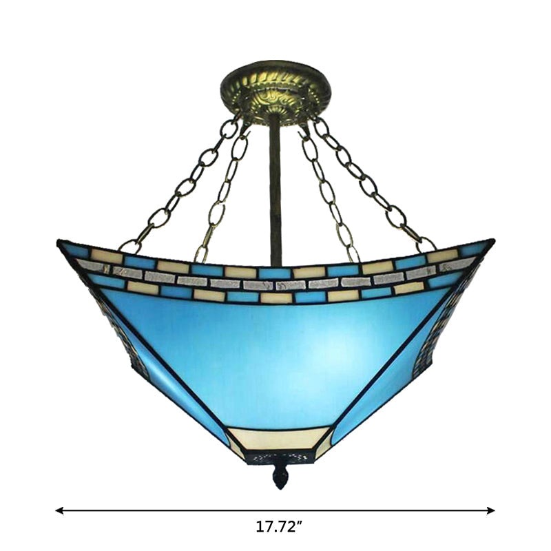 Tiffany Bedroom Ceiling Lights - 3-Light Pyramid Semi Flush With Chain And Stained Glass Shade