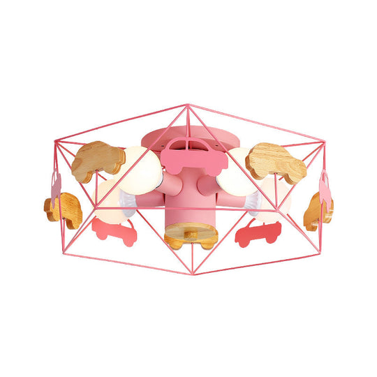 Sleek Pentagon Frame Semi-Mount Metal Lighting Macaron In Grey/Green/Pink Finish – 5 Bulbs