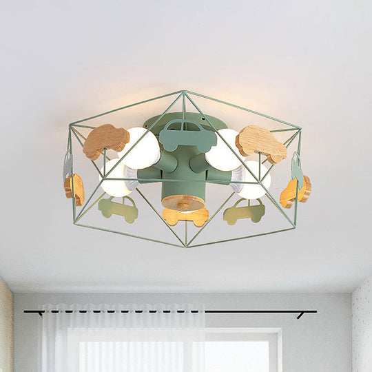 Sleek Pentagon Frame Semi-Mount Metal Lighting Macaron In Grey/Green/Pink Finish – 5 Bulbs