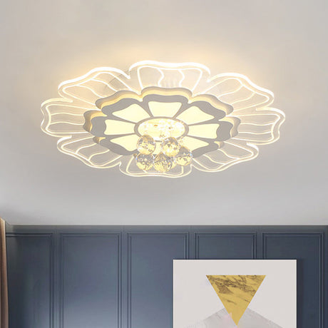 Contemporary Led White Flush Lamp With Floral Acrylic Shape And Crystal Drop