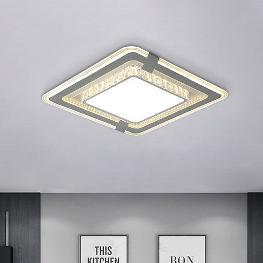 Minimalist Led Grey Flush Mount Fixture With Crystal Block Detail - Metal Square Flushmount Lighting