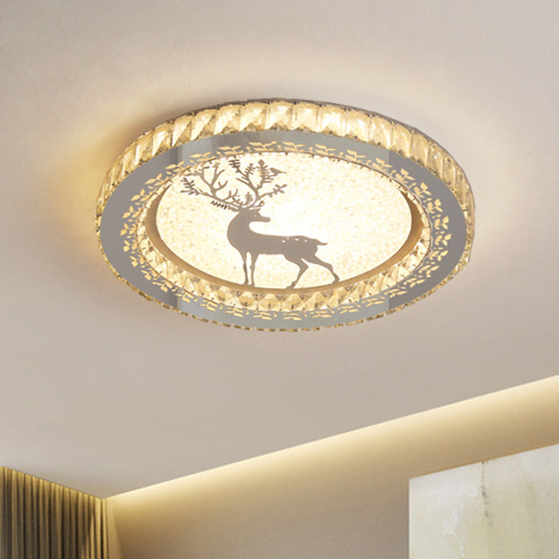 Led Crystal-Block Flush Light With Deer Pattern - Modern Stainless-Steel Circle Mount Fixture