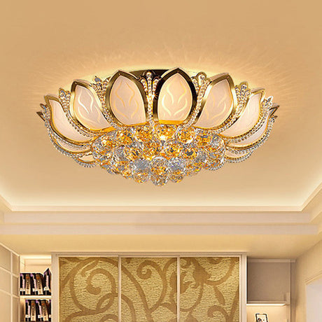 Modern Crystal Flower Flush Mount With 7 Heads In White And Gold For Living Room White-Gold
