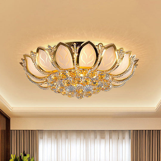 Modern Crystal Flower Flush Mount With 7 Heads In White And Gold For Living Room