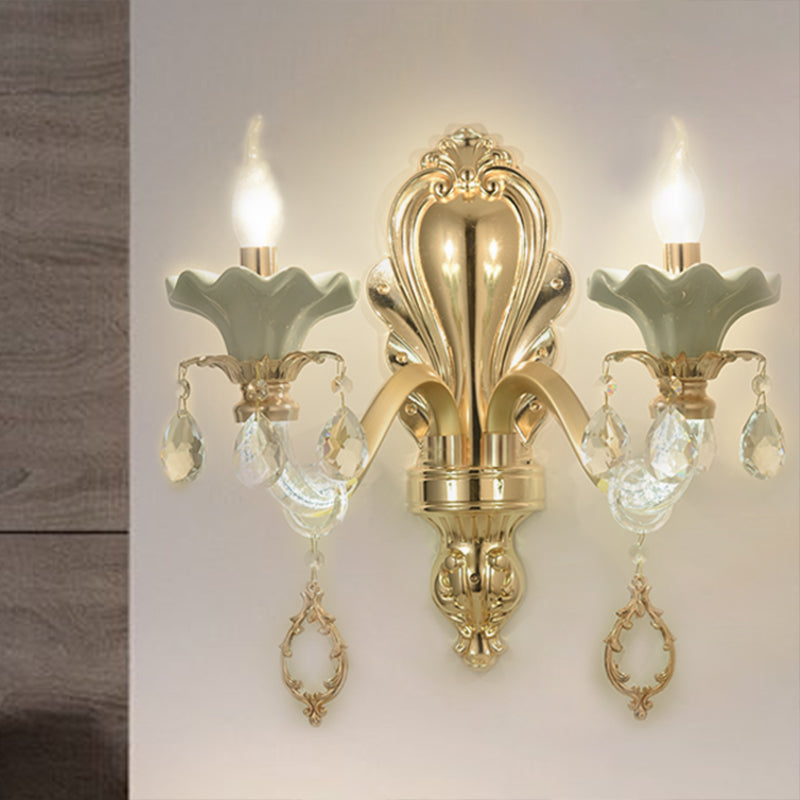 Crystal Wall Mount Candle Light Fixture In Elegant Gold Finish