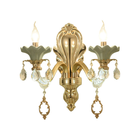 Crystal Wall Mount Candle Light Fixture In Elegant Gold Finish