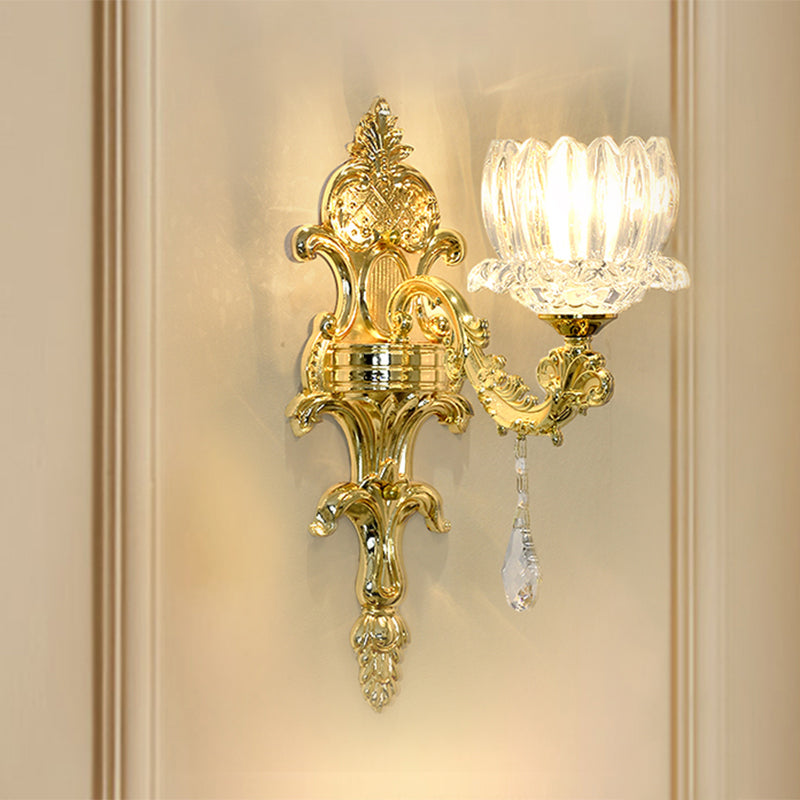 Gold Lotus Wall Mount Sconce With Clear Crystal Shade - Mid Century Light Fixture 1 /