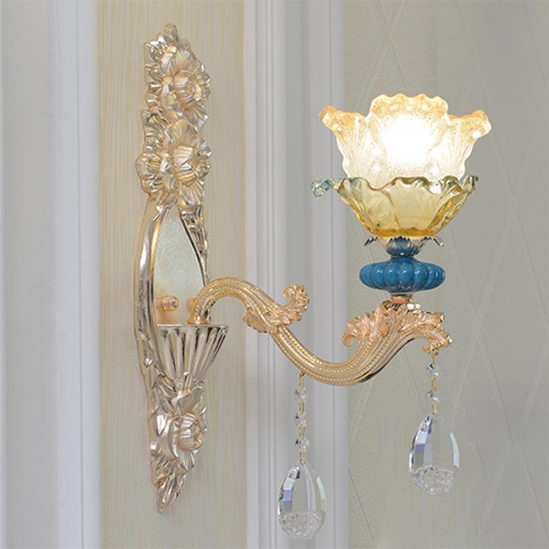 Traditional Gold Finish Crystal Floral Wall Lamp Fixture - Half-Bulb Mounted Lighting