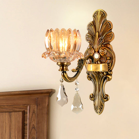 Vintage Brass Wall Sconce With Clear Glass Shade - Mid Century Flower Design 1/2-Light Mount Lamp 1