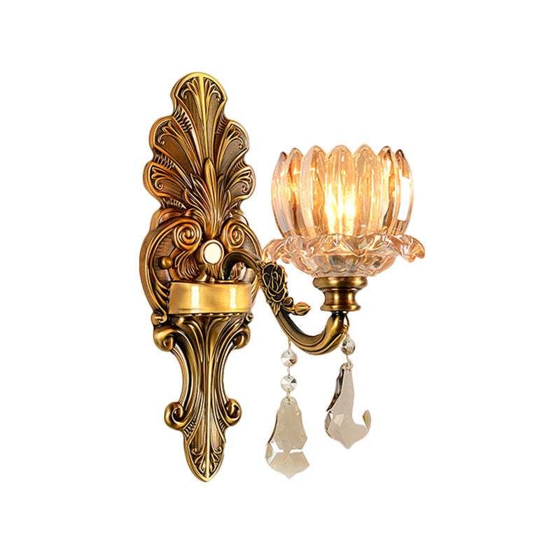 Vintage Brass Wall Sconce With Clear Glass Shade - Mid Century Flower Design 1/2-Light Mount Lamp