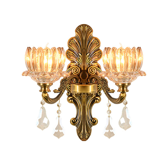 Vintage Brass Wall Sconce With Clear Glass Shade - Mid Century Flower Design 1/2-Light Mount Lamp