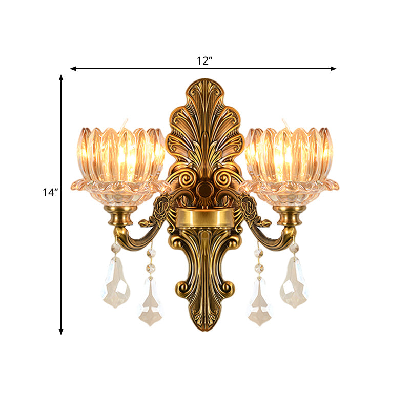 Vintage Brass Wall Sconce With Clear Glass Shade - Mid Century Flower Design 1/2-Light Mount Lamp
