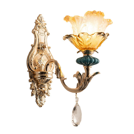 Traditional Gold Floral Shade Wall Mounted Lamp With Amber Crystal Accent - 1 Light Bedside Lighting