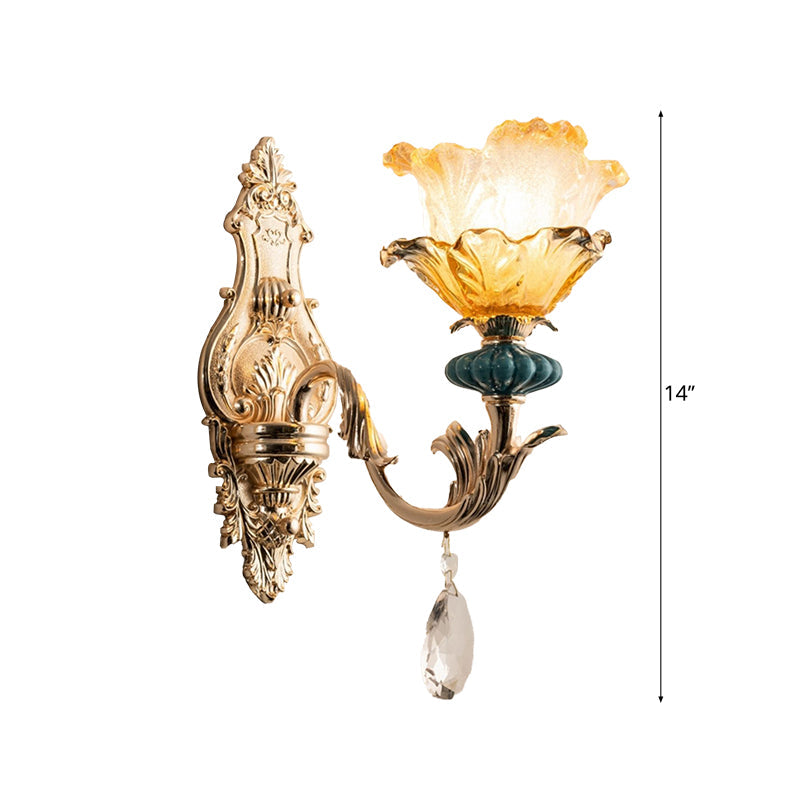 Traditional Gold Floral Shade Wall Mounted Lamp With Amber Crystal Accent - 1 Light Bedside Lighting