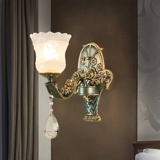 Green Mid Century Single Bulb Sconce - Floral Shade Clear Latticed Glass Bedside Wall Lamp Fixture