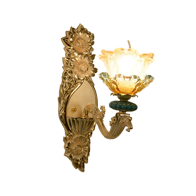 Gold Wall Lamp With Amber And Clear Glass Floral Shade - Single Light Mid-Century Sconce